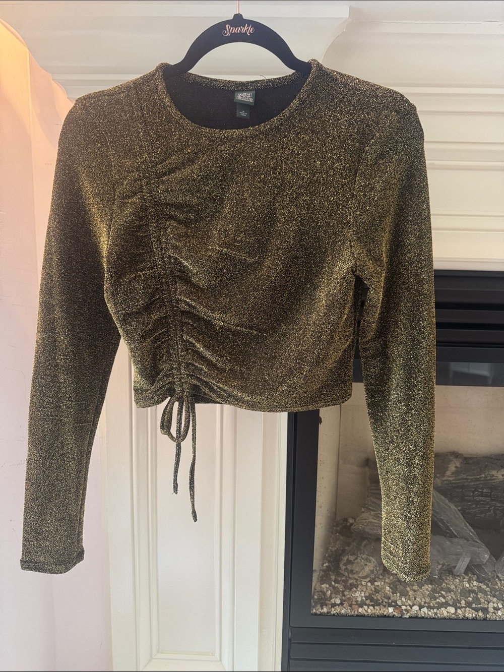 wild fable Metallic Gold Ruched Long-Sleeve stretch Velvet Crop Top